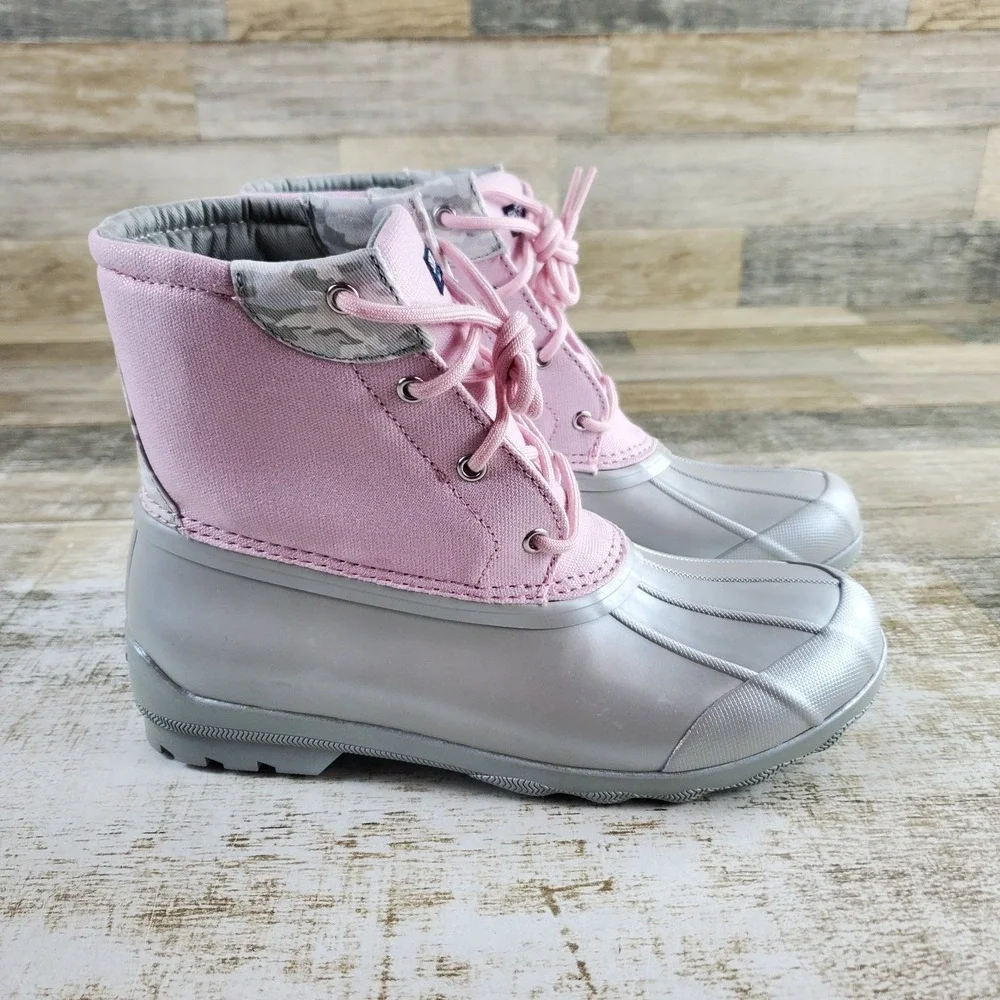 Sperry Port Kids Boots Sz 6 M Pink Canvas Silver Rubber Mid-Top Lace-Up Comfort